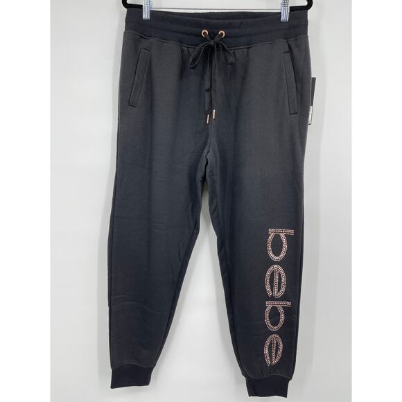 Bebe Womens Black Jogger Sweatpants Fleece Activewear Pants Rhinestones NEW 1X - Picture 10 of 11